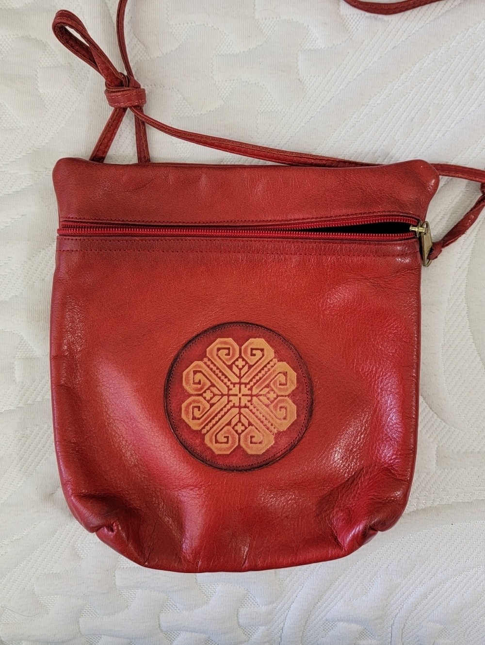 Ilze Heider Leather Designs Red Crossbody Purse Medallion Artsy Boho Festival